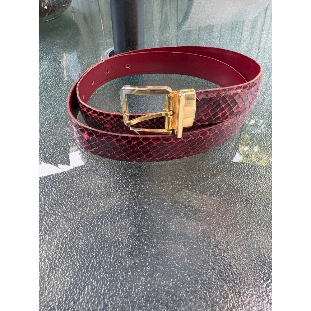 Handmade Italy Genuine Snake Skin Belt Burgundy Red Gold Buckle Womens Size 32
